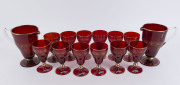 A pair of Murano ruby glass pitchers and 12 matching glasses with gilded highlights, mid 20th century, (14 items), the pitchers 21cm high