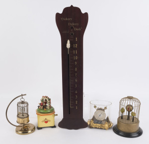 Five assorted clocks comprising a KAISER German birdcage time and alarm clock, a DICKORY, DICKORY, DOCK German novelty mouse wall clock, with three other clocks, 20th century. The KAISER clock with card alarm dial to the base of the brass cage and annular