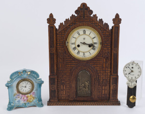 Three American clocks, WATERBURY, ANSONIA and "Uncle Sam's, Little Wonder", 19th/20th century. the largest 42cm high.