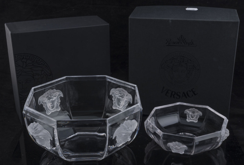 VERSACE "Medusa" glass bowls by Rosenthal in original boxes, (2 items), ​acid etched marks "Rosenthal", the larger 9cm high, 19cm wide