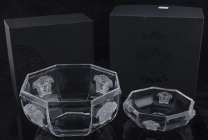 VERSACE "Medusa" glass bowls by Rosenthal in original boxes, (2 items), acid etched marks "Rosenthal", the larger 9cm high, 19cm wide