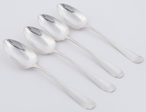 Four antique 2nd grade (83.3%) Dutch silver tablespoons, marked "I.B." for J. Blom, 's-Hertogenbosch, circa 1844, ​20.5cm long, 166 grams total