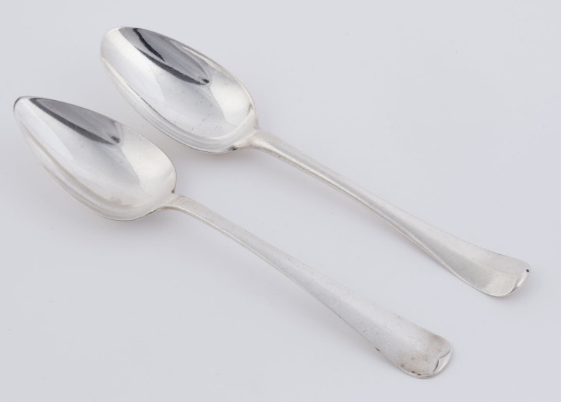 Two antique Dutch silver tablespoons, 's-Gravenhage ,circa 1846; and Fa. Kempen en Zn. Voorschoten, circa 1886. 20.5cm long, 134 grams total