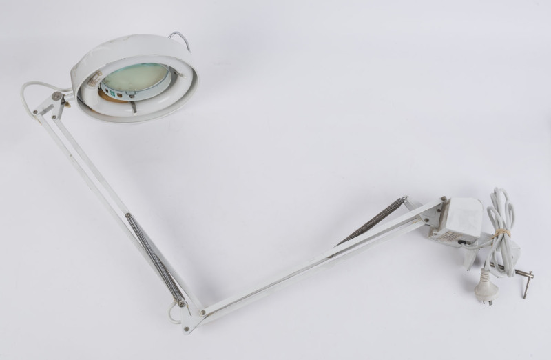 INSPECT-A-GADGET industrial style bench mount magnifying lamp, mid to late 20th century, ​110cm high