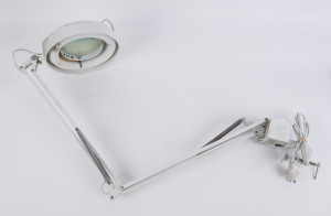 INSPECT-A-GADGET industrial style bench mount magnifying lamp, mid to late 20th century, ​110cm high