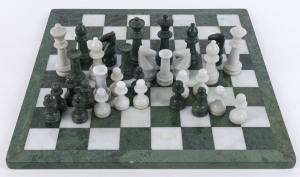 An Italian vintage chess set, green and white onyx, circa 1950, ​the board 45 x 45cm