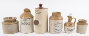 Six assorted antique and vintage stoneware jars and bottles including "POISON, FERGUSSON'S ARSENATE OF LEAD", "SUDDETH SMOKE MIXTURE No.1", and a bed warmer by "THOMAS WEBB & SONS, MELBOURNE", 19th and 20th century, ​the bed warmer 31cm high