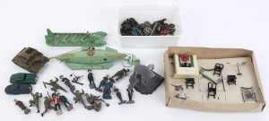 TIN PLATE/PRESSED METAL SELECTION: with Disney 'Nautilus' submarine made by Sutcliffe (England), length 25cm, Miniature Models fireplace set, Astra (England) Fort Gun, German made cast metal pleasure boat (length 18cm, weight 600gr), lead figures (16) som