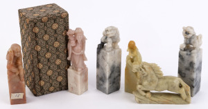 Six Chinese carved stone seals with carved finials, 19th and 20th century, the largest 8.5cm high