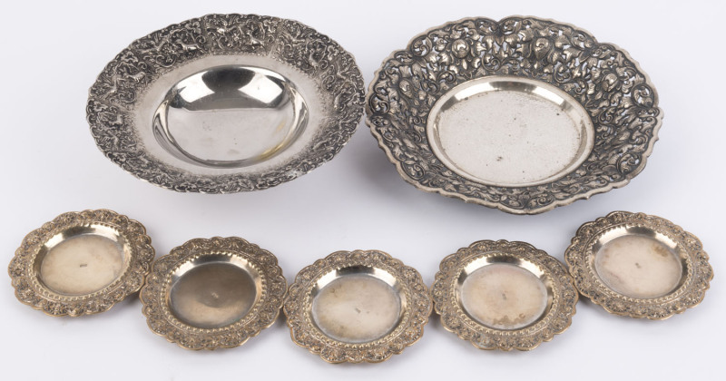 Yogya silver pierced bowl, five Indian coin silver bowls and a silver plated bowl with embossed border, 19th/20th century, (7 items), Yogya bowl 20cm diameter 225 grams