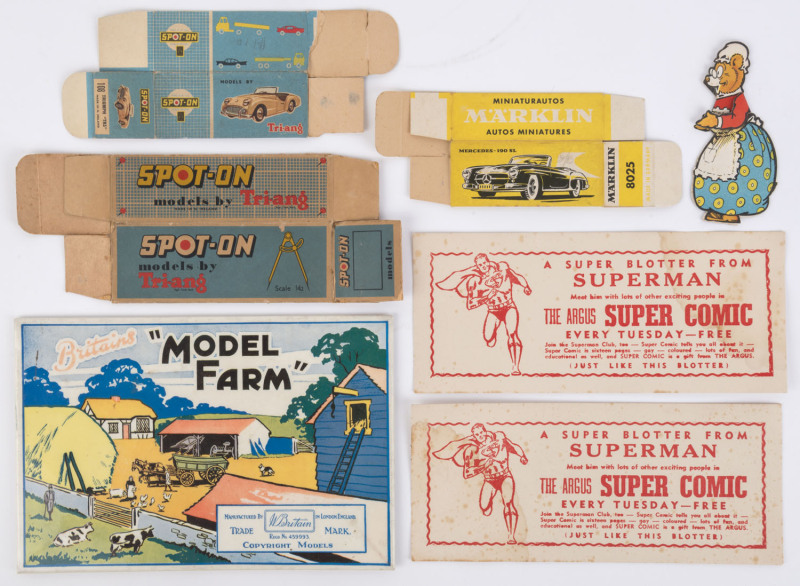 TOY RELATED EPHEMERA: with Britains retailer's countertop point-of-sale for the "Model Farm" series, 22x15cm; also Argus Comic Superman blotters (2), vintage die cast model car boxes (3), and one other item; c.1950s (6 items).