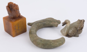 Chinese carved jade duck, jade Han style dragon amulet and a hardstone chop seal with mythical animal finial, 19th and 20th century, (3 items), the largest 15.5cm high