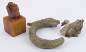 Chinese carved jade duck, jade Han style dragon amulet and a hardstone chop seal with mythical animal finial, ​19th and 20th century, (3 items), the largest 15.5cm high