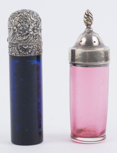 An antique Bristol blue glass scent bottle with silver top; together with a ruby glass pepper pot with silver top, 19th century, (2 items), 8cm and 7.5cm high