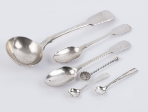 Antique sterling silver ladle, two teaspoons and three condiment spoons (6 items), 19th and early 20th century, the ladle 18cm long