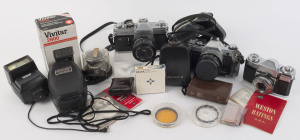 A quantity of camera equipment including cameras (Contaflex, Canon FTb & Canon AE-1), lenses, filters, light meters, etc. In mixed condition.