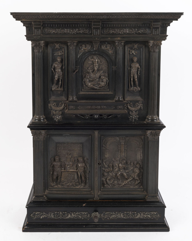 An antique Italian miniature cabinet in the Renaissance style, timber and metal, early to mid 19th century, 62cm high, 34cm wide, 14cm deep