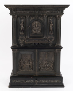 An antique Italian miniature cabinet in the Renaissance style, timber and metal, early to mid 19th century, 62cm high, 34cm wide, 14cm deep