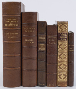 LEATHER BINDINGS: English & European books attractively rebound including "The Posthumous Papers of the Pickwick Club" by Dickens [1887]; "The Complete Concordance to Shakspeare..." by Cowden Clarke [1875]; plus 4 others. (6).