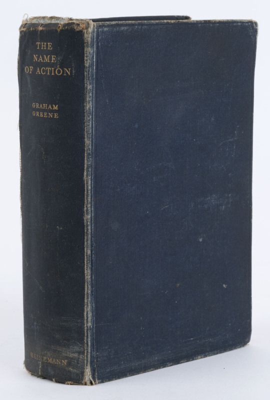 GREENE, Graham, (1904 - 1991), The Name of Action [London : William Heinemann, 1930], original blue cloth boards with gilt lettering to spine; ex-library copy, with defects. With original 1967 letter from Josephine Reid, Greene's secretary, in which she w