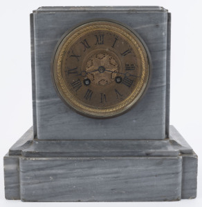 An antique French mantel clock, 15 day time and strike movement in grey marble case, 19th century, ​23cm high