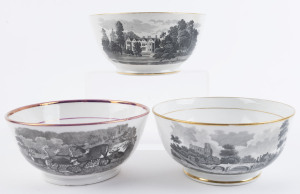 NEWHALL: Three "Bat-Print" English porcelain bowls, one featuring Brecknock in Wales now known as Brecon, circa 1810, the largest 7.5cm high, 15cm diameter