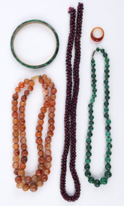 Three Chinese stone necklaces and a bangle, (4 items)