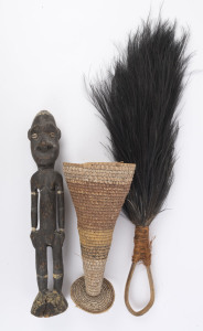 A woven cane headdress, carved wooden statue and feather dance ornament, Papua New Guinea, (3 items), 34cm, 48cm and 80cm long
