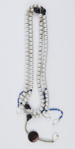 A Chinese court style necklace, faux pearls and turned wood, with agate and jade adornments and blue glass beads, 20th century, 110cm long