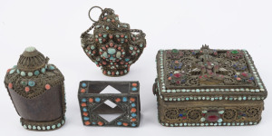 Sino-Tibetan pierced metal box, two snuff bottle and matchbox holder adorned with turquoise, coral and mother of pearl, 19th/20th century, (4 items), the box 10cm wide