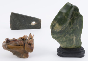 An antique jade axe head, nephrite scholar's rock, and a finely carved Chinese stone cicada ornament, (3 items), the axe 13.5cm long