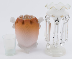 Antique English glass lustre, satin glass vase and vaseline glass beaker, 19th century, (3 items), the lustre 26cm high