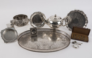 Silver plate tray, Burmese bowl, dishes, spoons, miniature clock, sterling silver pepper pot and miniature picture frame, 20th century, (12 items), the tray 38cm wide