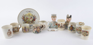 ROYALTY - THE FOUR KINGS: commemorative ware with KEVII Royal Doulton Coronation beaker; KGV individual toby jug/pitchers (no maker's mark) for the King and for Queen Mary, plus Royal Winton beakers for the Coronation (major repairs) and the Accession and a Coronation plate; KEVIII mug by Woods; KGVI Coronation mugs (2), beaker, cream jug and ashtray (13 items)