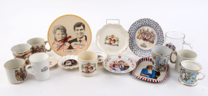 PRINCE CHARLES & LADY DIANA SPENCER: commemorative ware with Royal Wedding cups/mugs (5), plates/saucers (4) plus a glass tankard and a small metal tray; also Duke and Duchess of York Royal Wedding saucers (2) plus a clock (non-ceramic), and three other royalty themed tableware items; condition variable. (17 items)