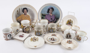ROYALTY - QUEEN ELIZABETH II: commemorative ware with 1953 Coronation cup & saucer, mugs (2), tea plates (2), glass beakers (2); 1977 Silver Jubilee mugs (3), tea plate, saucer, money box and a mounted tile; 1997 50th Wedding Anniversary beaker; also Queen Mother 80th Birthday mug, and a 2002 Life Commemoration mug, plus Queen Mother & QEII wall plates, each 26cm diameter. (20 items)