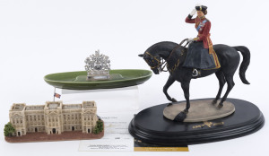 ROYALTY - QUEEN ELIZABETH II: 'Trooping the Colour' Golden Jubilee limited edition sculpture by Rob Donaldson numbered #3280 of 9,500 produced, with presentation stand (height 28cm); also 1977 Silver Jubilee commemorative bonbon dish, and a modern ceramic