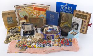 BRITISH ROYALTY & PATRIOTIC MEMORABILIA: accumulation with royalty themed collector ware including 1953 Coronation head scarf, AWA 1953 LP recording of the Coronation, 1993 Crown Jewel replica miniatures in presentation box, horse brasses (11), teaspoons,