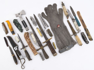 Assorted pocketknives, hunting knives and butcher's gauntlet, 19th and 20th century, (21 items)