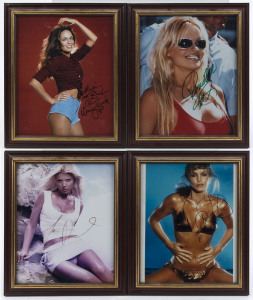 FEMALE ACTORS: signed colour photographs of Pamela Anderson (with CofA), Catherine Bach (as "Daisy Duke"), Priscilla Presley, Kate Winslett & Tara Reid; the latter two with original Ed Bedrick (USA) invoices; all framed and glazed, each 24x29cm. (5)