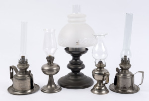 Five antique nickel plated kerosene lamps, early 20th century, ​the largest 35cm high