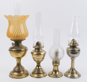Three brass kerosene lamps, along with a candle lamp, late 19th century, (4 items), the largest 53cm high