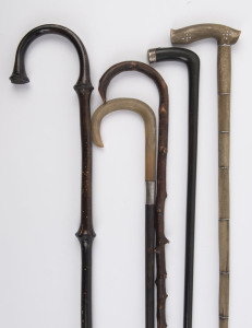 Five assorted antique and vintage walking sticks including antler and silver, blackthorn and Chinese, 19th and early 20th century, the largest 89cm high