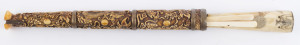A Chinese traveling companion set comprising of bone handled knife, chopsticks and dragon scabbard, 20th century, 36cm long