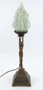 A Diana lamp with green glass shade, 59cm high