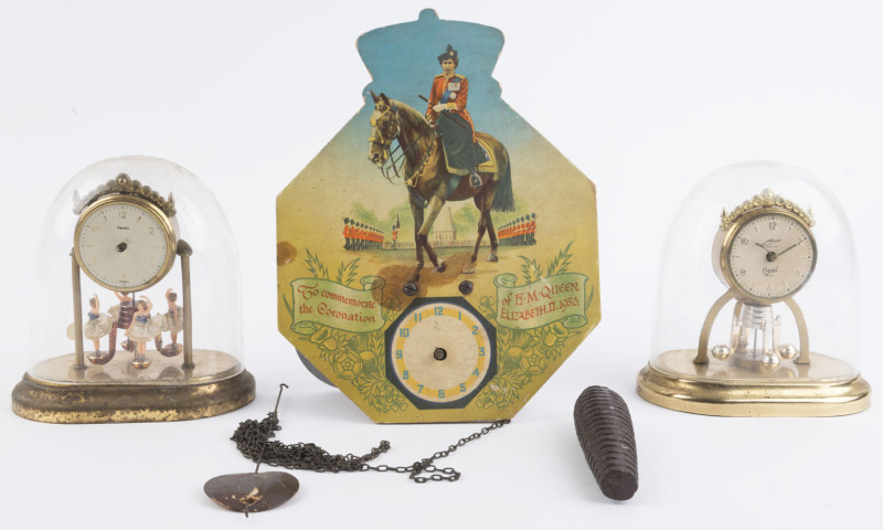 RANELA and SCHMID German novelty anniversary clocks under perspex domes with 8 day spring wound movements, together with a H.M. Queen Elizabeth II 1953 commemorative Coronation weight driven wall clock, 20th century, (3 items), the largest 24cm high.