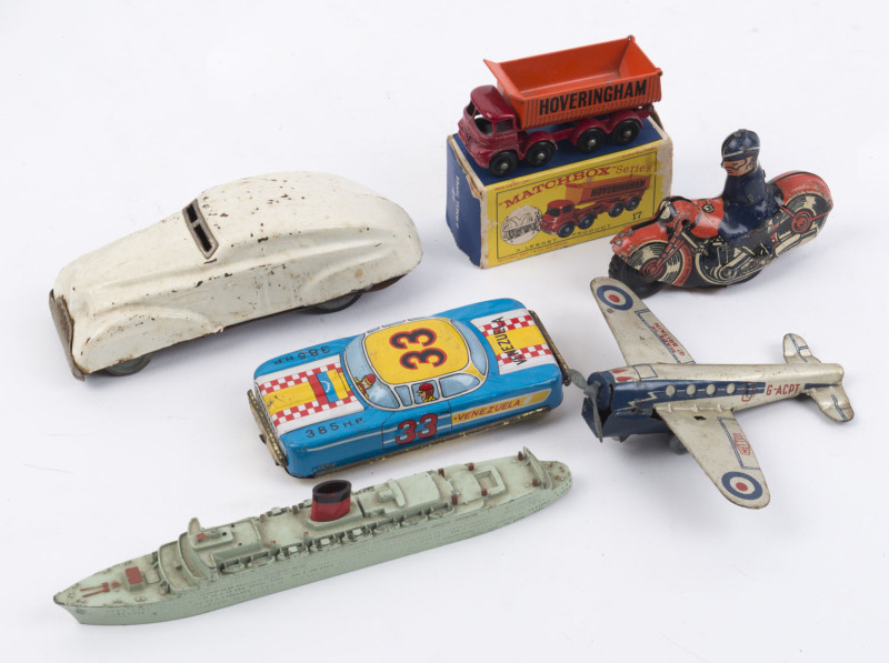 Selection with METTOY tinpate wind-up monoplane (broken propeller, no key), British made friction tinplate Policeman-on-Motorcycle, Japanese made 'Venezuela 33' tinplate friction racing car, TRIANG-MINIC die cast model of RMS Caronia, MATCHBOX model of Ho