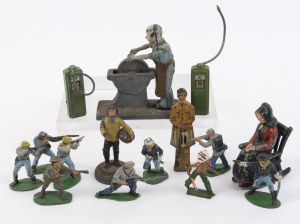 LEAD FIGURES: with group of American soldiers in 19th century cavalry/infantry attire (8) plus one Indian; plus fisherman carrying basket (9cm high), lady in a rocking chair (8cm high), and two BP petrol pumps; also CAST METAL figure of man working a lath