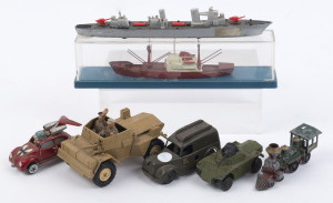 Assortment with LESNEY/MATCHBOX 'Sea Kings' series K-302 corvette; BRITAINS military Daimler MK II Scout Car; MATCHBOX/LESNEY 1972 superfast No.11 Flying bug, 1973 No 73 Weasel Tank, Santa Fe 4-4-0 American locomotive, TRI-ANG/MINIC Post Office Telephone 