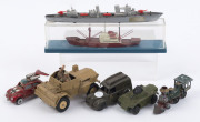 Assortment with LESNEY/MATCHBOX 'Sea Kings' series K-302 corvette; BRITAINS military Daimler MK II Scout Car; MATCHBOX/LESNEY 1972 superfast No.11 Flying bug, 1973 No 73 Weasel Tank, Santa Fe 4-4-0 American locomotive, TRI-ANG/MINIC Post Office Telephone